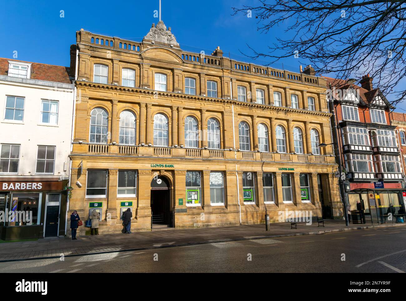 Lloyds Bank branch in historic town centre buildings, Devizes, Wiltshire, England, UK Stock Photo