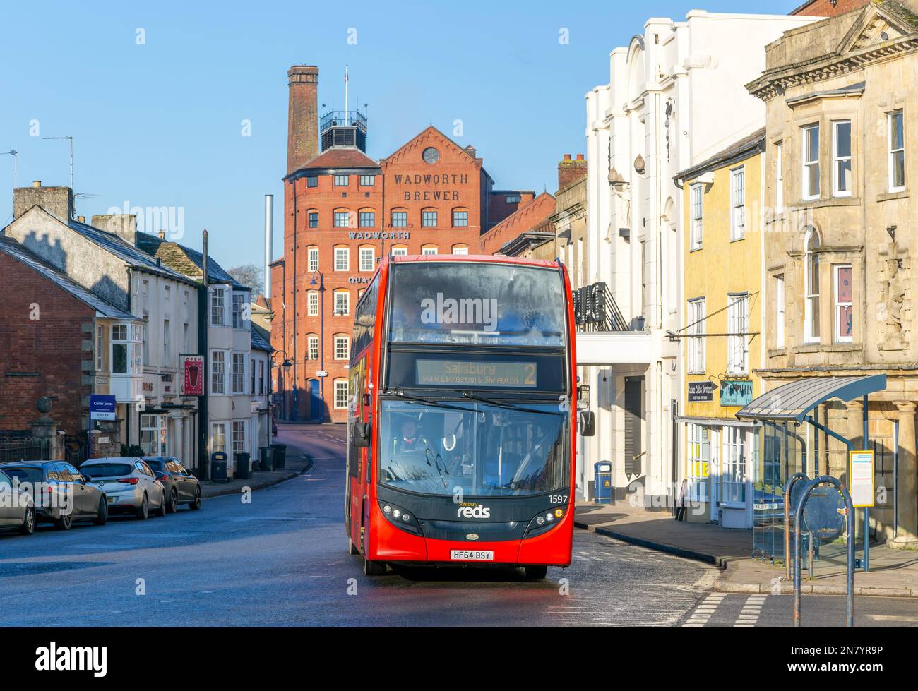 Red double decker bus, Salisbury Reds company, in town centre of Devizes, Wiltshire, England, UK