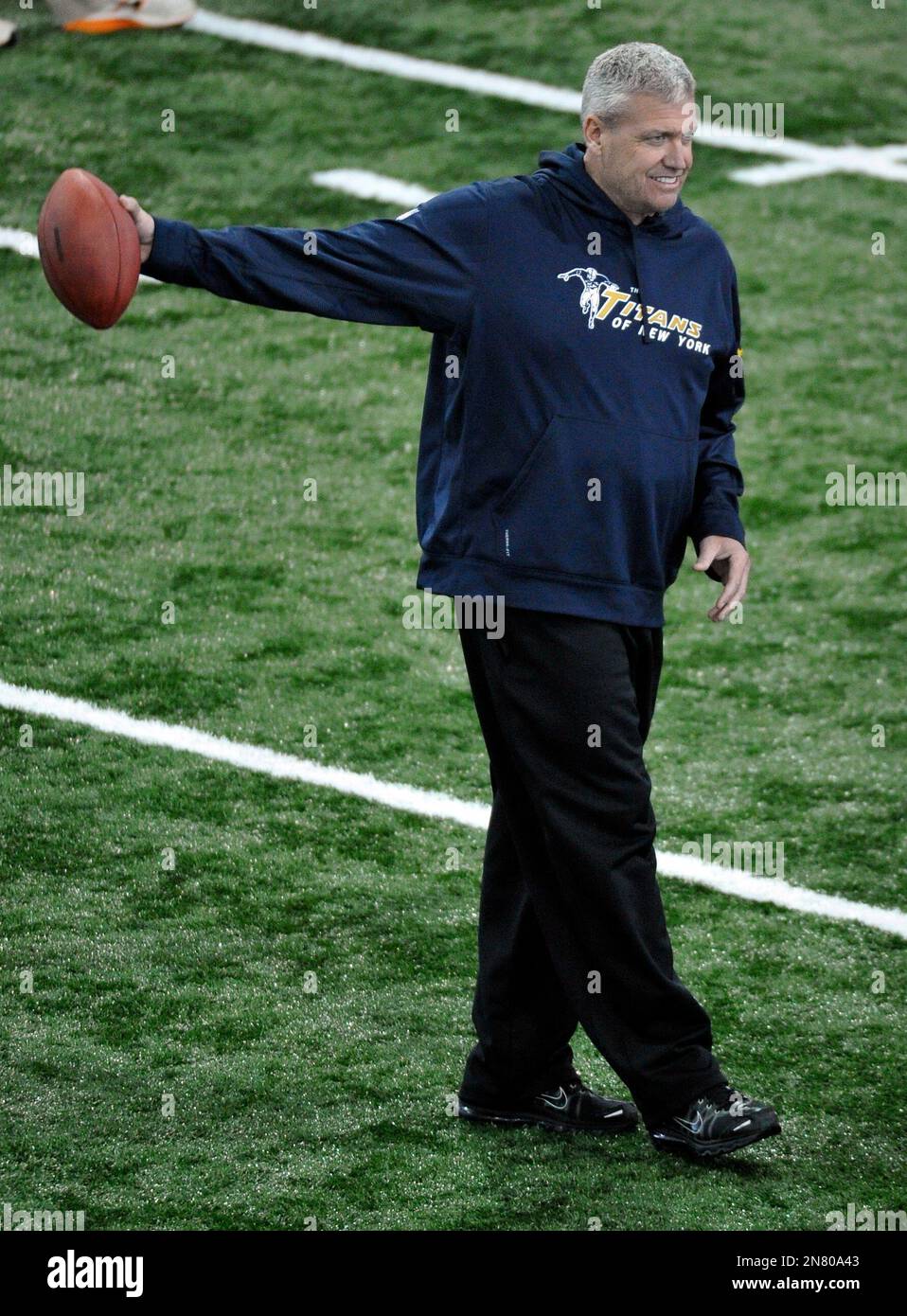New York Jets head football coach Rex Ryan warms up during Clemson Pro