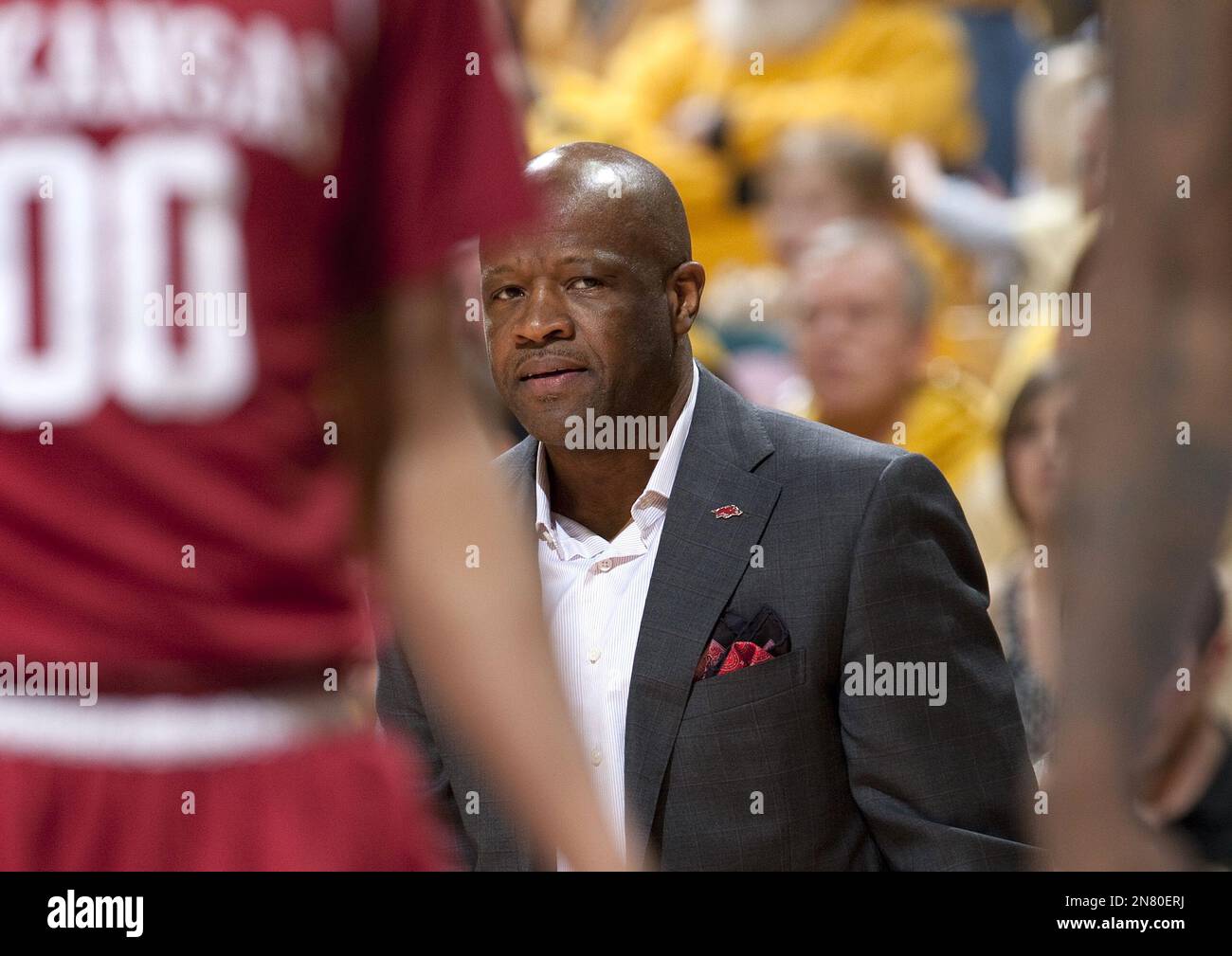 Arkansas head coach Mike Anderson looks at his players during the first