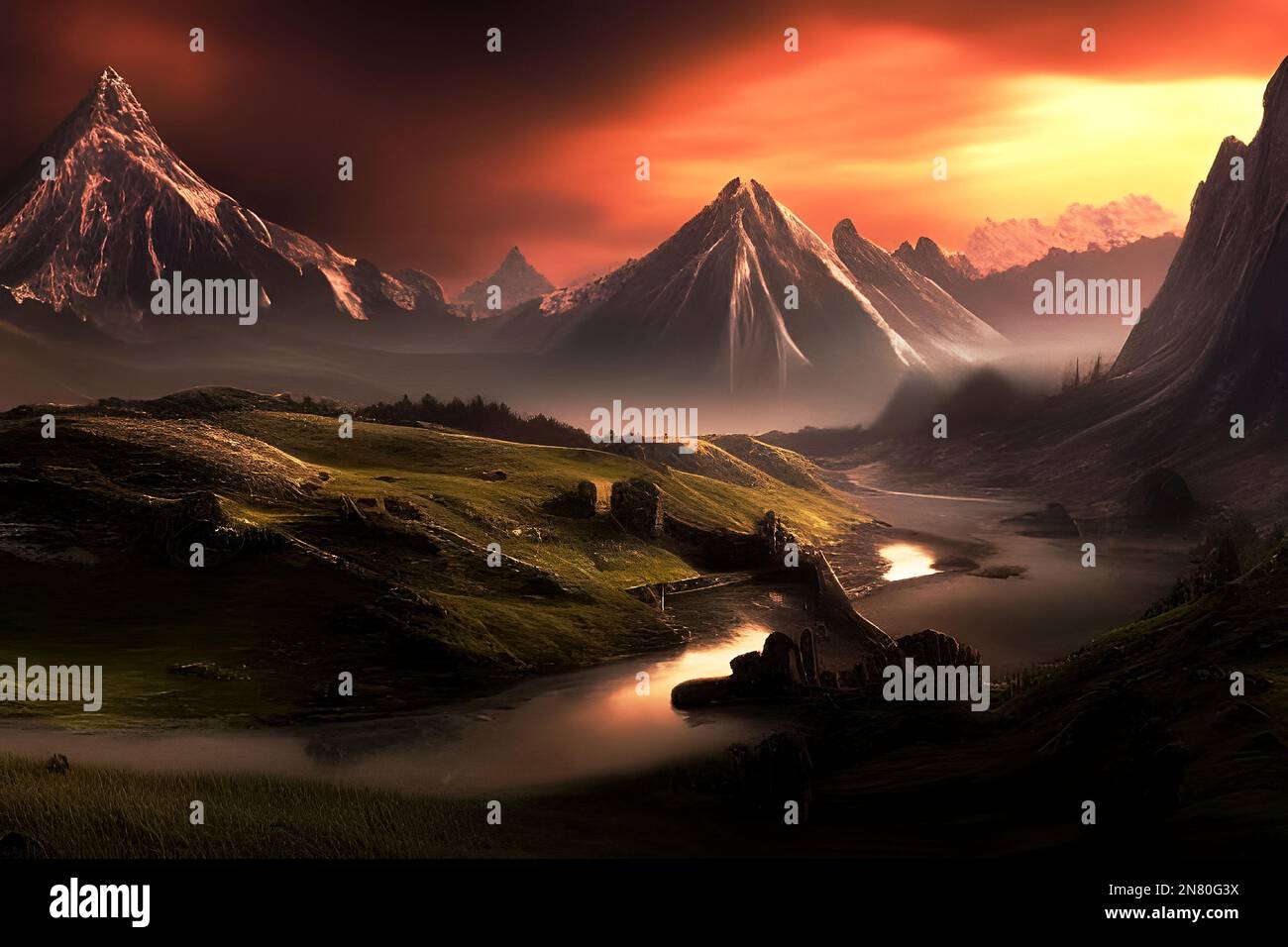 Mountain range at sundown depiction. Stock Photo