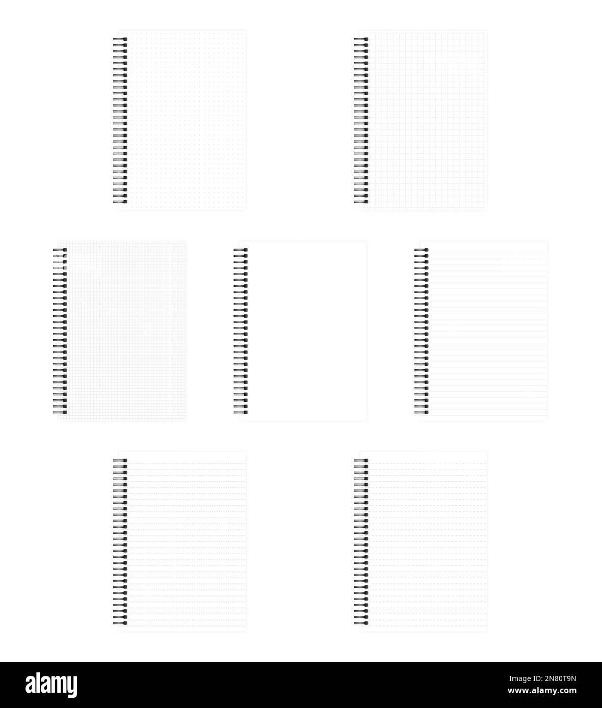 Set of A4 wire spiral notebooks isolated on white background. Empty white and lined sheets. Realistic vector mock-up. Stock Vector