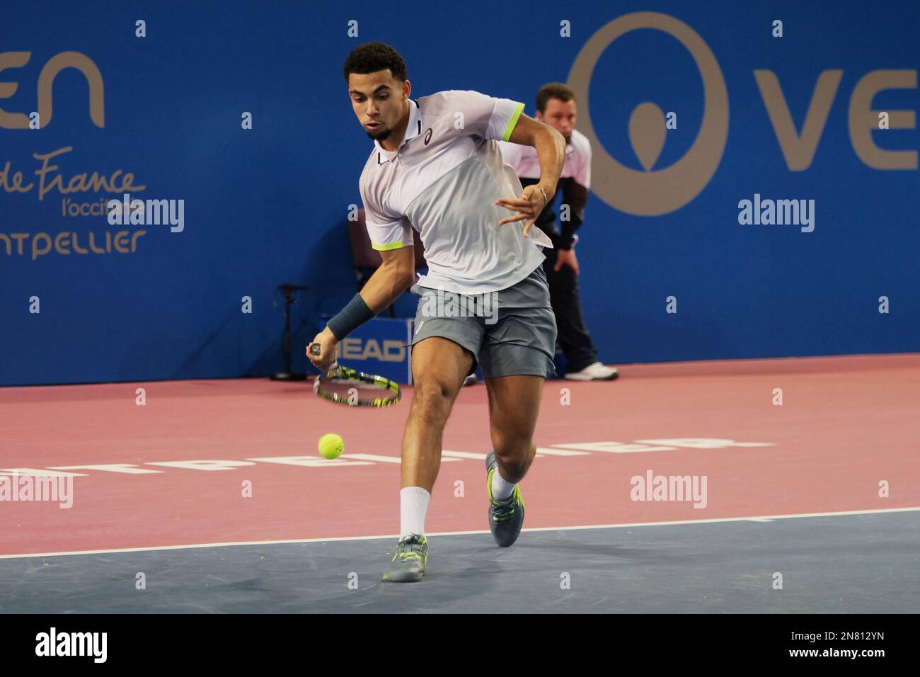 Arthur Fils (FRA) in action against Quentin Halys (FRA) during the Open Sud  de France 2023, ATP 250 tennis tournament on February 10, 2023 at Sud de  France Arena in Pérols near
