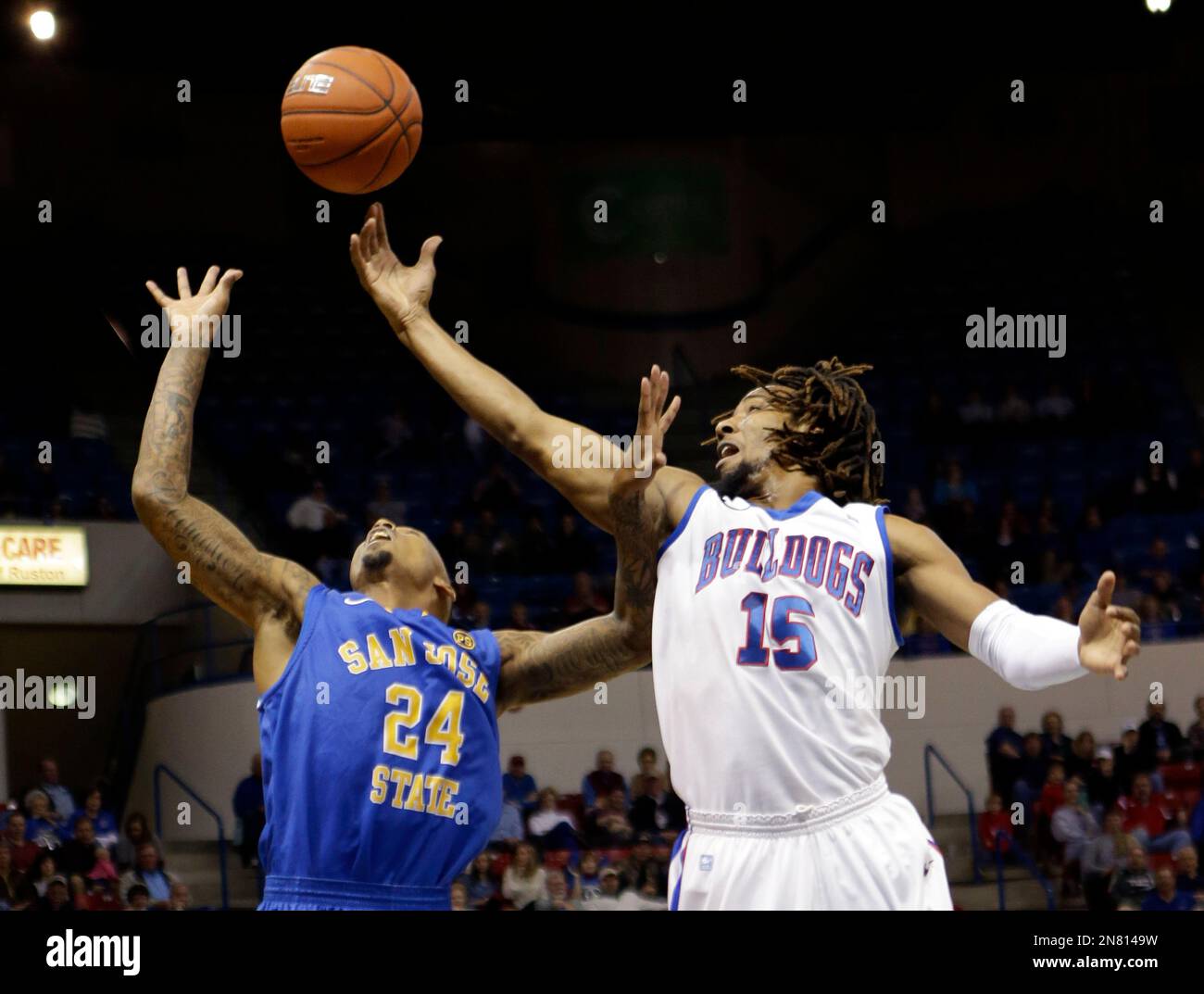 Louisiana Tech guard Cordarius Johnson (15) battles for a rebound