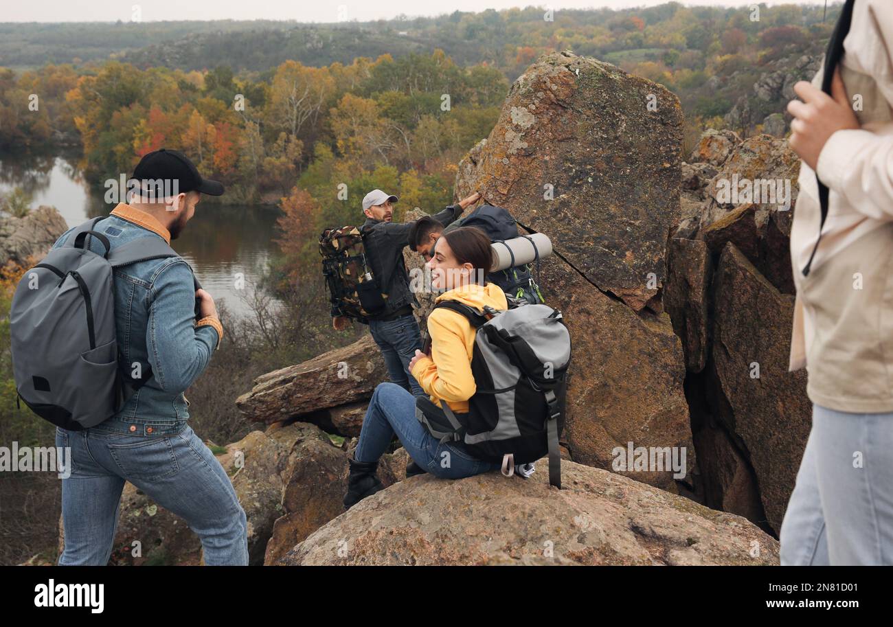 Group hikers backpacks climbing mountain hi-res stock photography and ...