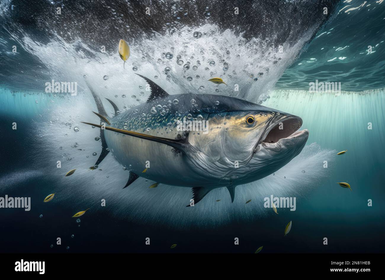 An AI generated illustration of a large tuna fish swimming in a body of
