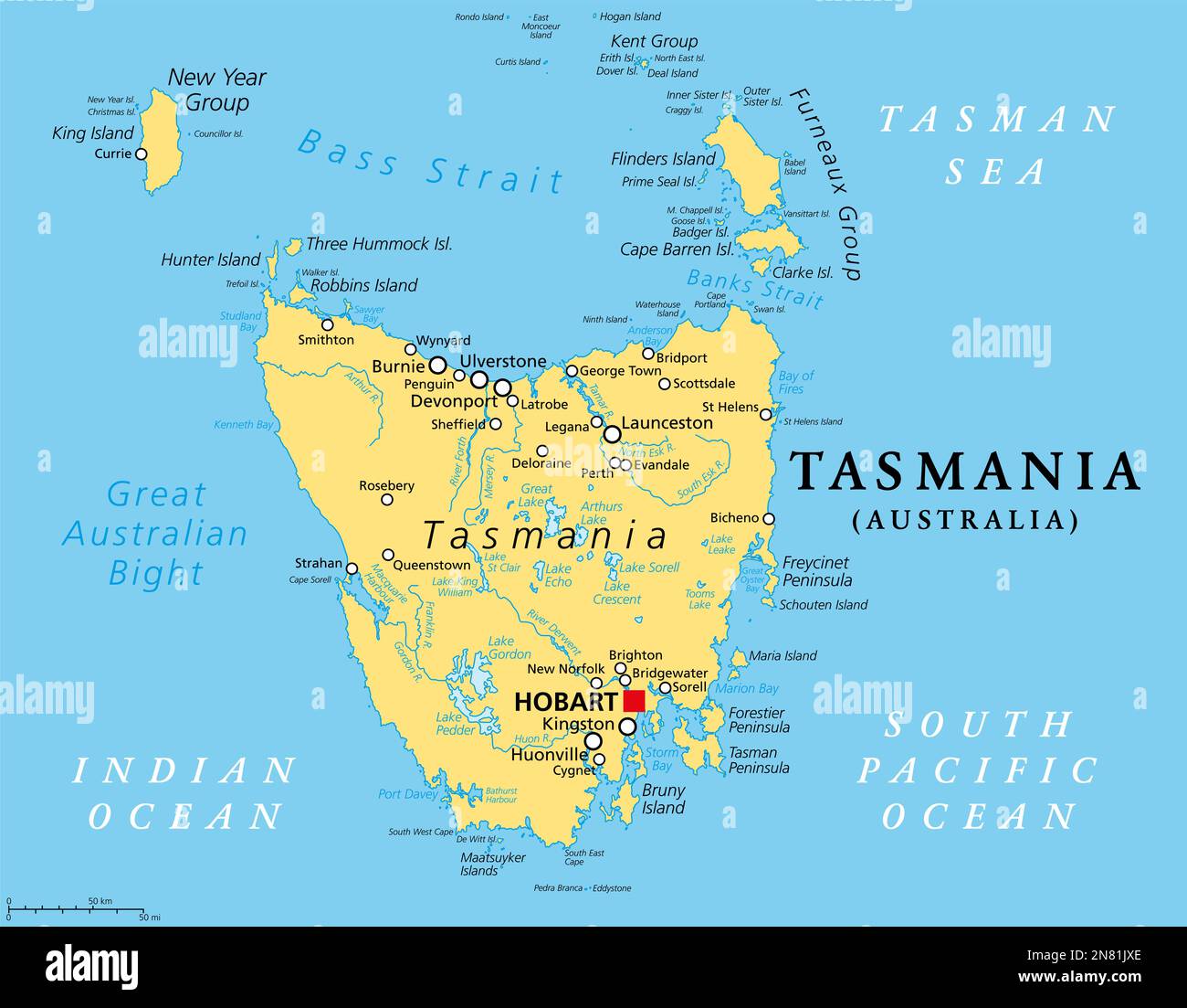 Tasmania, island state of Australia, political map. Located south of the Australian mainland, separated from it by Bass Strait. Stock Photo