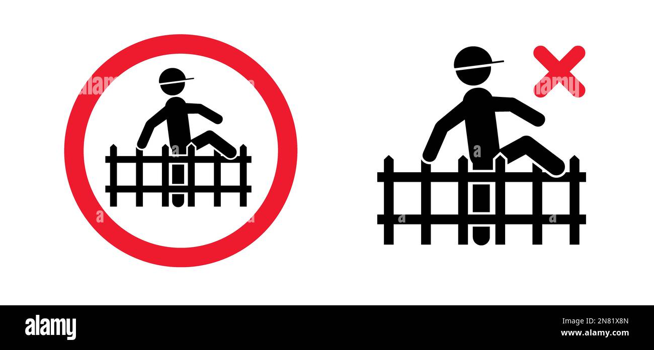 Cartoon, please do not climbing on fence balustrade. Stickman, stick