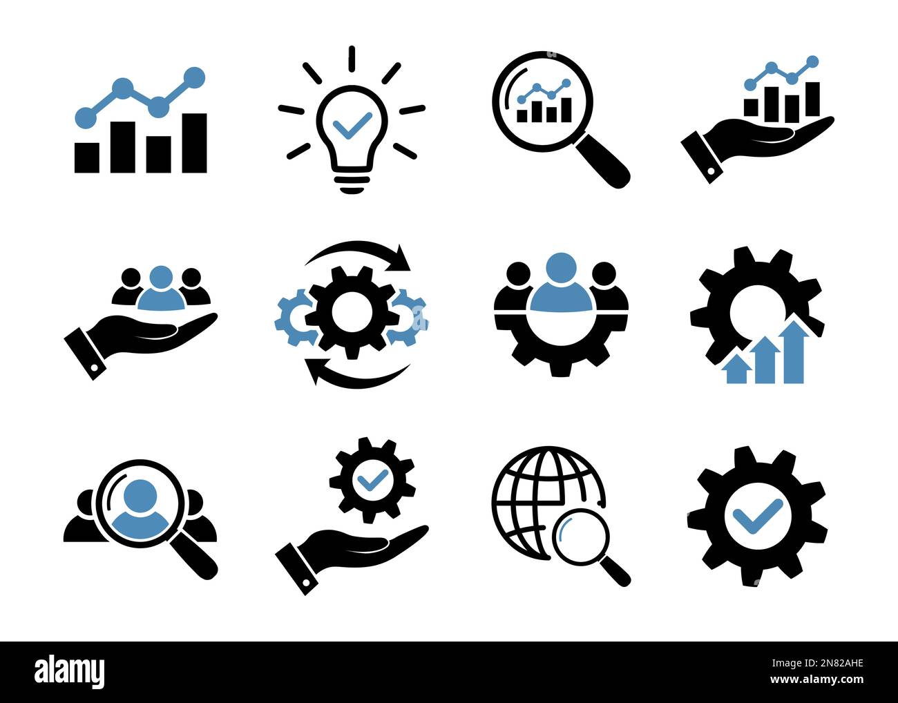Business icon set in flat. Black and blue symbols Stock Vector
