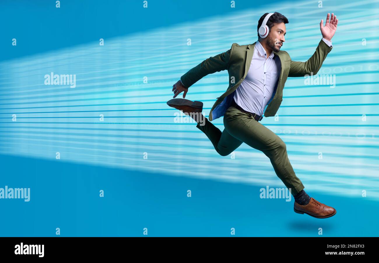 Business, man in suit and running for appointment, goal driven and