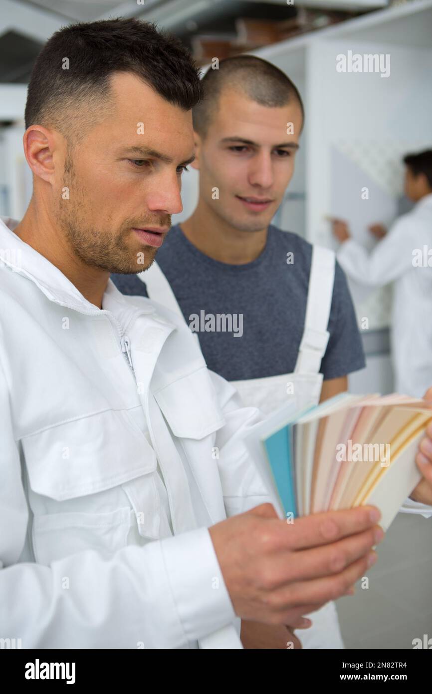 man choosing color for painting walls Stock Photo Alamy