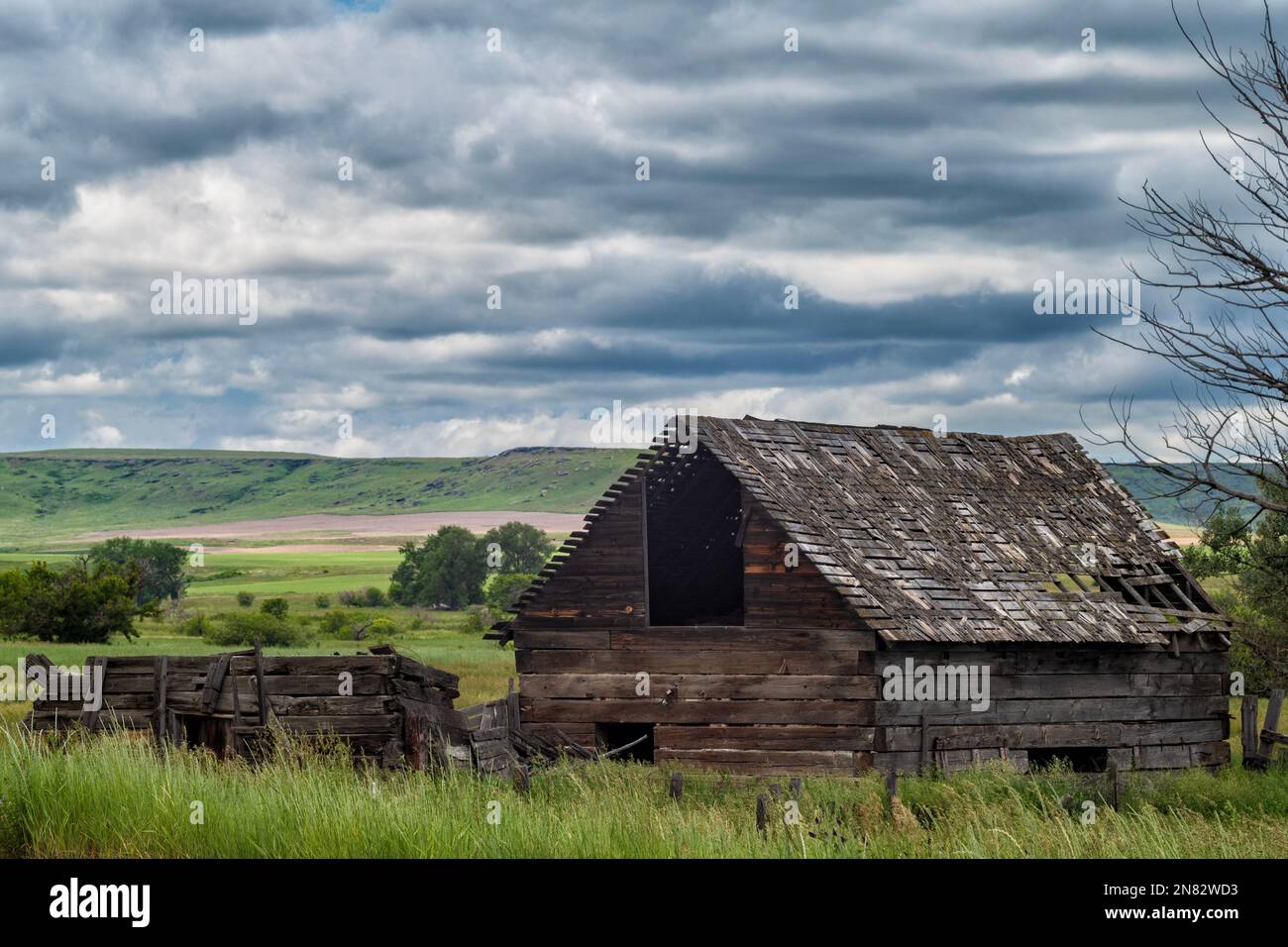 An abandoned wood farm house stands in the grasslands of Pryor, Montana a during stormy afternoon. Stock Photo