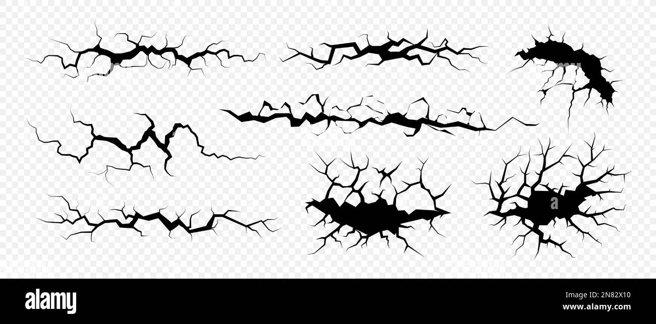 Cracks set for fault effect, earth drying, wall destruction, earthquake. Isolated objects set. Vector illustration Stock Vector