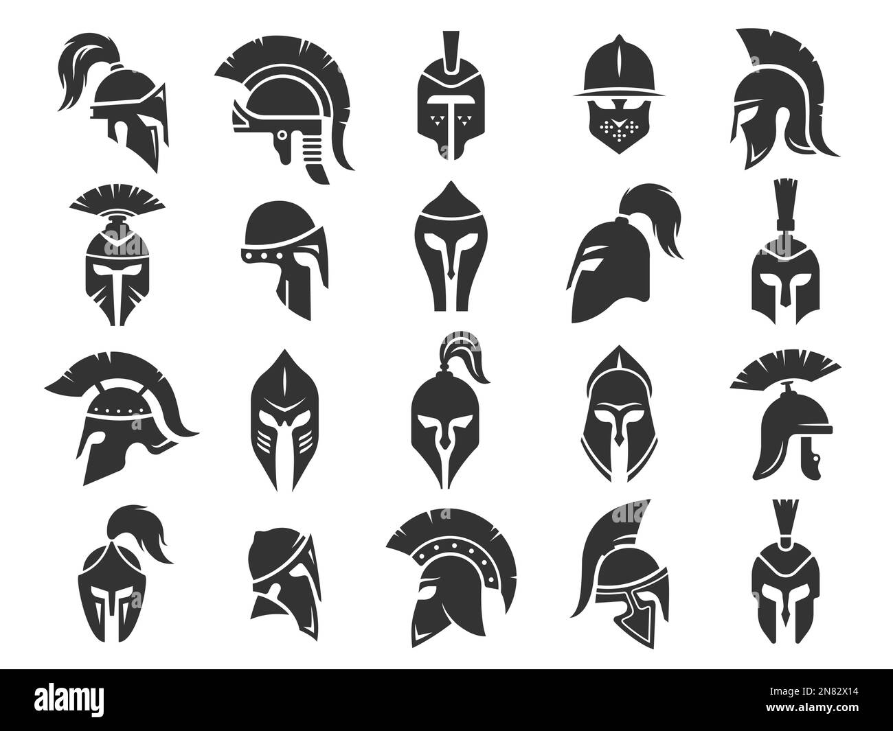 Spartan black helmets. Ancient roman gladiator headgear protection, monochrome silhouettes of medieval classical greek soldier war equipment. Vector Stock Vector