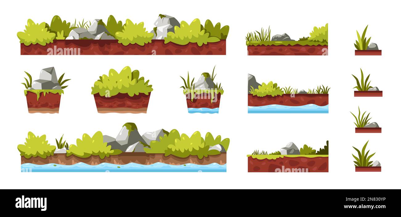 Grass and rocks. Cartoon doodle stones bush tree leaves moss shrub, natural forest garden plant elements different shapes for game asset. Vector Stock Vector