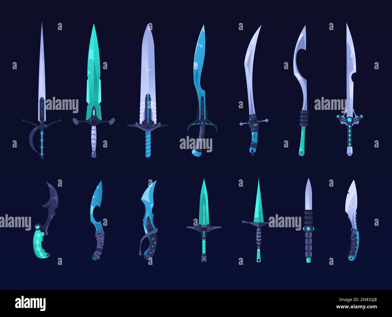Fantasy sword weapon. Battle competition set of medieval blade knife sabre rapier dagger, cartoon warrior rpg asset elements. Vector collection Stock Vector