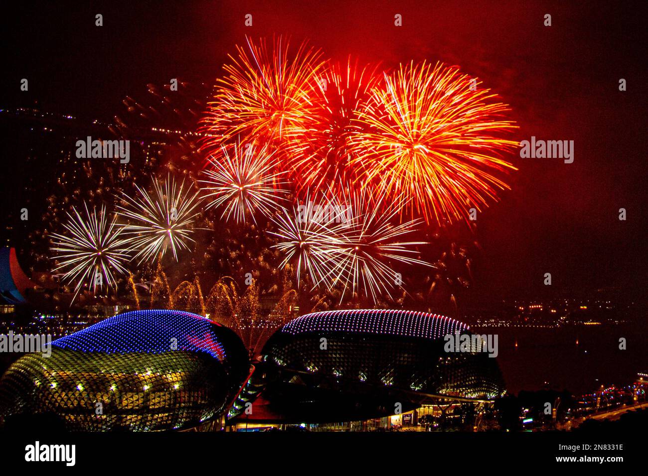 Fireworks over Marina bay in Singapore on New Years Eve. View from the