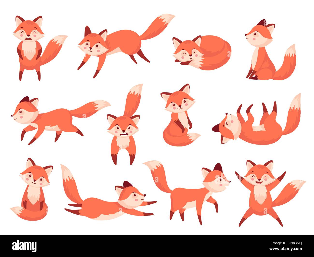 Cute fox. Cartoon red forest animals with various emotions, funny crafty carnivorous predators in different poses wildlife zoo concept. Vector flat Stock Vector