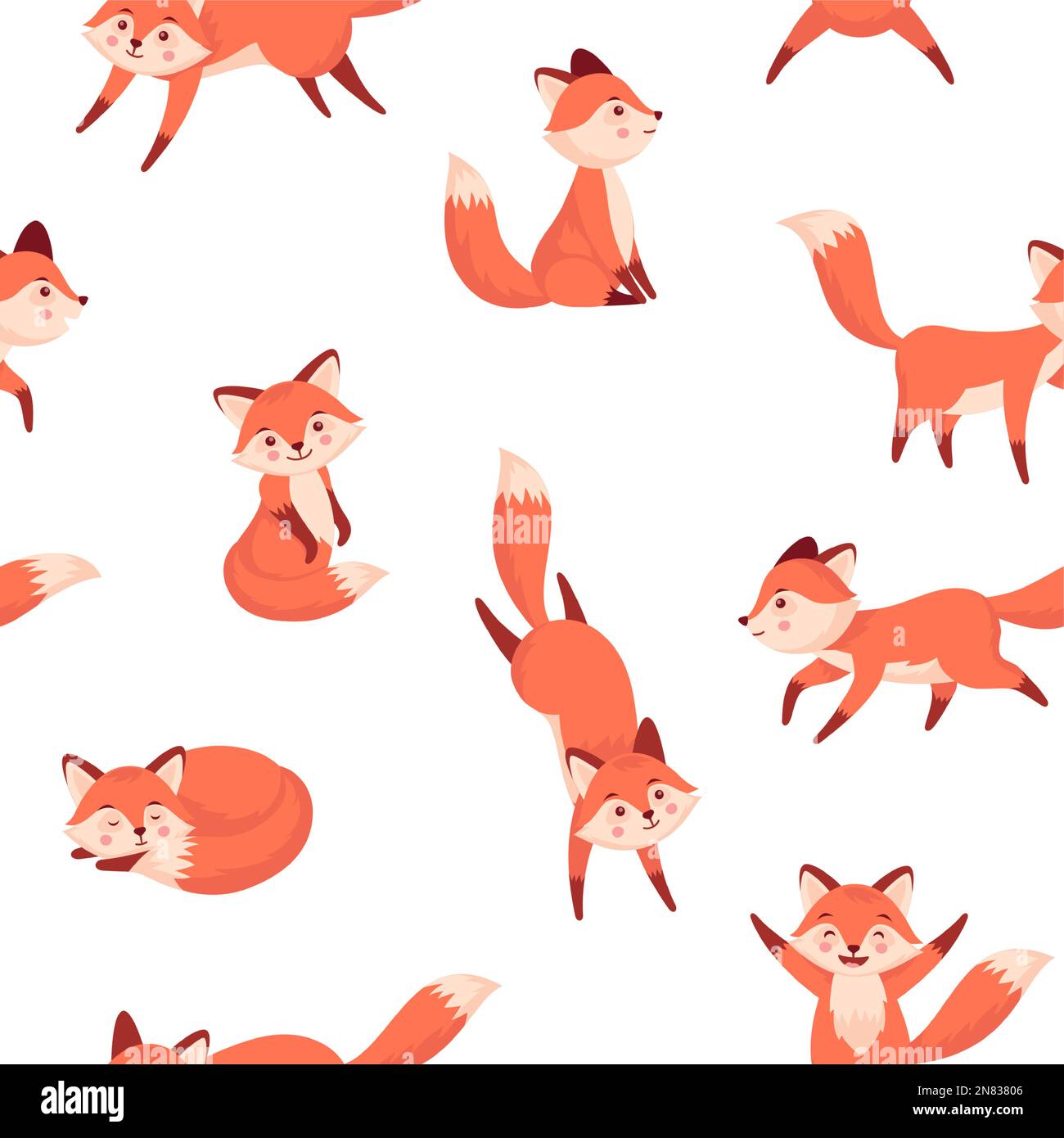 Cartoon fox pattern. Seamless print with cute forest animal characters in different poses for wrapping, wallpaper, fabric, endless background. Vector Stock Vector