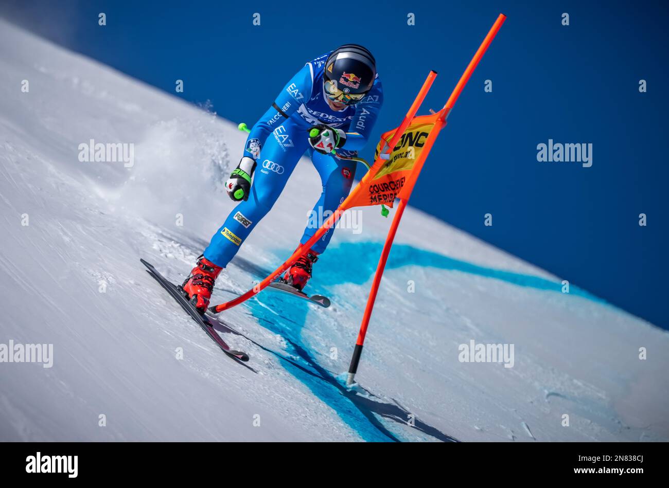 Meribel, France. 11th Feb, 2023. Alpine skiing: World Cup, downhill, women: Sofia Goggia, Italy, threading. Credit: Michael Kappeler/dpa/Alamy Live News Stock Photo