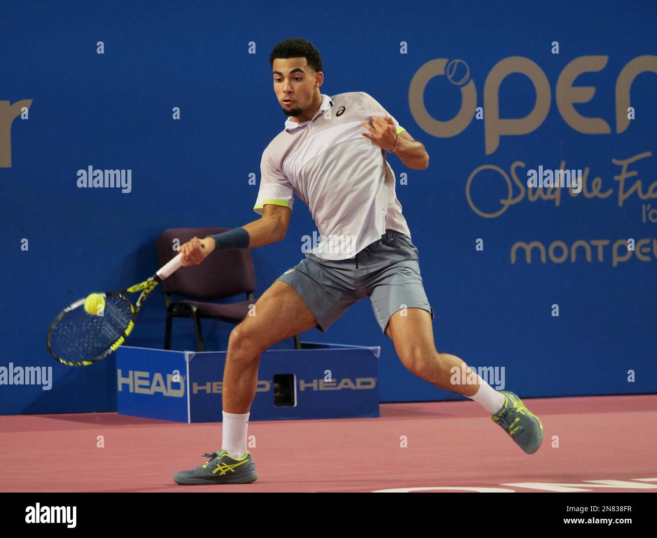 Arthur Fils (FRA) in action against Quentin Halys (FRA) during the Open Sud  de France 2023, ATP 250 tennis tournament on February 10, 2023 at Sud de  France Arena in Perols near