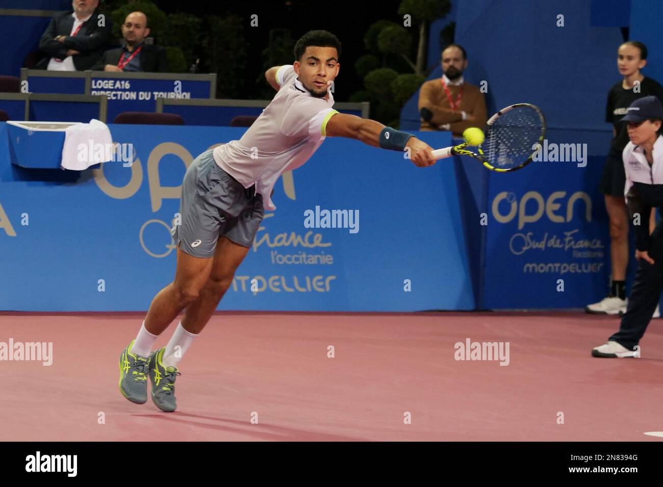 Arthur Fils (FRA) in action against Quentin Halys (FRA) during the Open Sud  de France 2023, ATP 250 tennis tournament on February 10, 2023 at Sud de  France Arena in Perols near