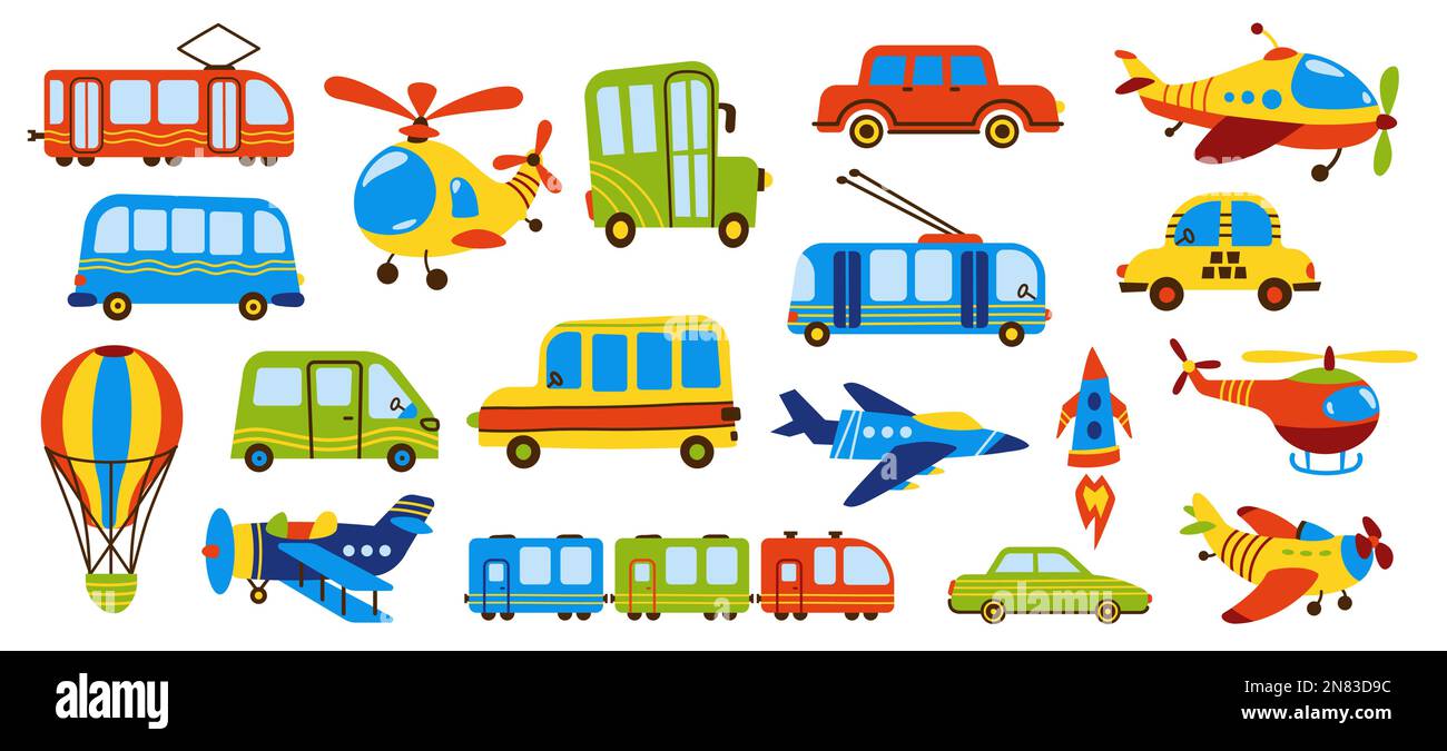 Childish transport. Cute cartoon train taxi car plane blimp hot air balloon, set of funny flat road vehicle toys doodle style. Vector isolated Stock Vector