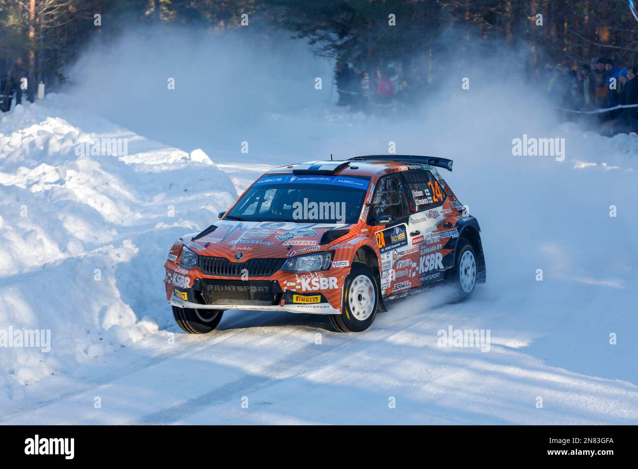 Finland's Jari Huttunen and Antti Linnaletko, in a Skoda Fabia, WRC2,  during the Swedish Rally, World Rally Championship Round 2 race, In Umea,  Sweden, Saturday, Feb. 11, 2023. (Micke Fransson /TT News