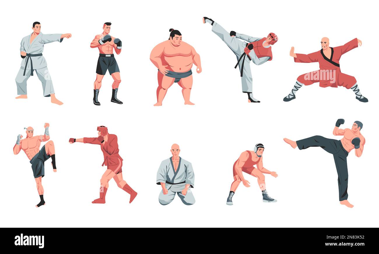 Martial arts fighters. Cartoon warrior characters sparring and training in uniform, traditional fight activity karate judo aikido sports. Vector Stock Vector