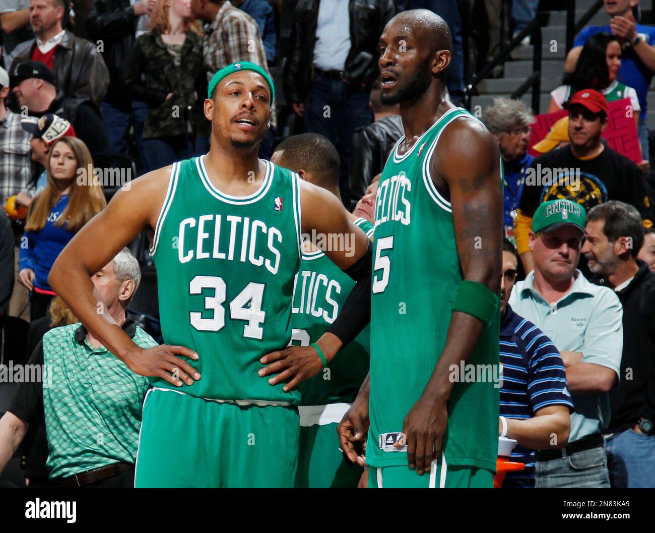 As time runs out, Boston Celtics forwards Paul Pierce, left, and Kevin