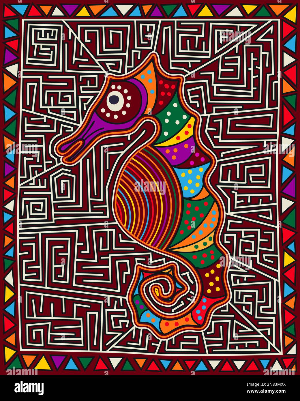 Seahorse Mola Indian style composition, vector illustration Stock Vector