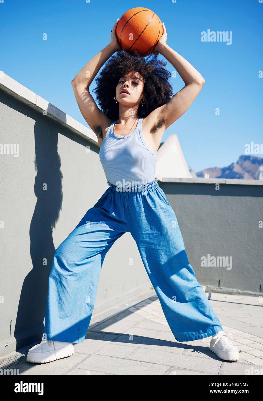 Basketball model, fashion and black woman in city with confidence