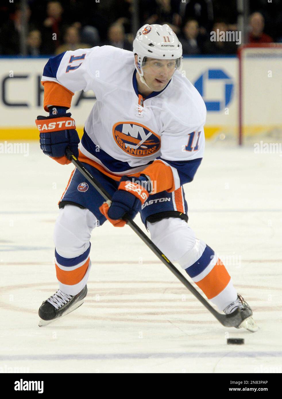 New York Islander Lubomir Visnovsky breaks his stick in the third ...