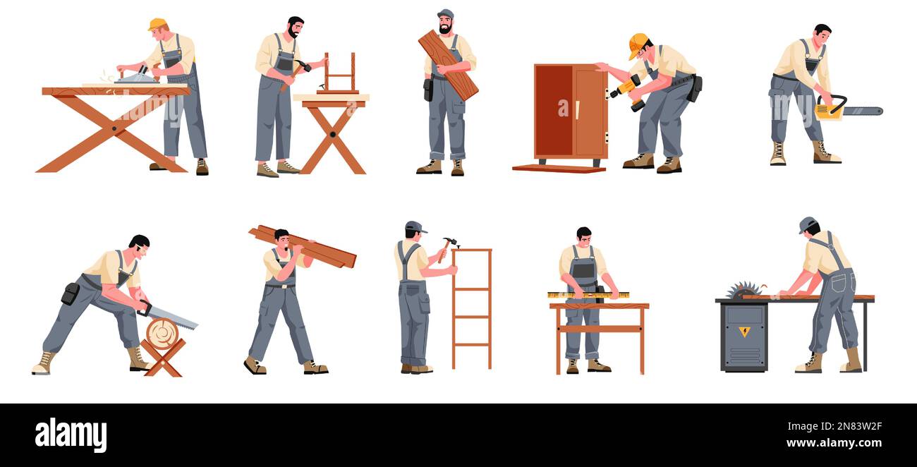 Carpenter character. Cartoon craftsman woodworking industry, joiner with instruments building wooden constructions, carpentry workshop concept. Vector Stock Vector