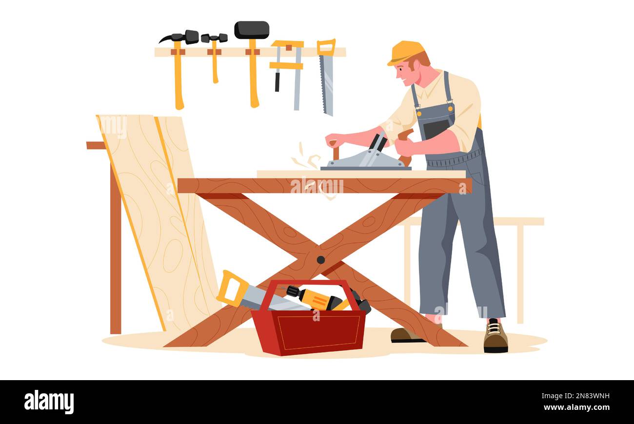 Carpentry workshop. Cartoon carpenter character sawing wood board making wooden furniture, craftsman timber with tools woodworking in studio. Vector Stock Vector