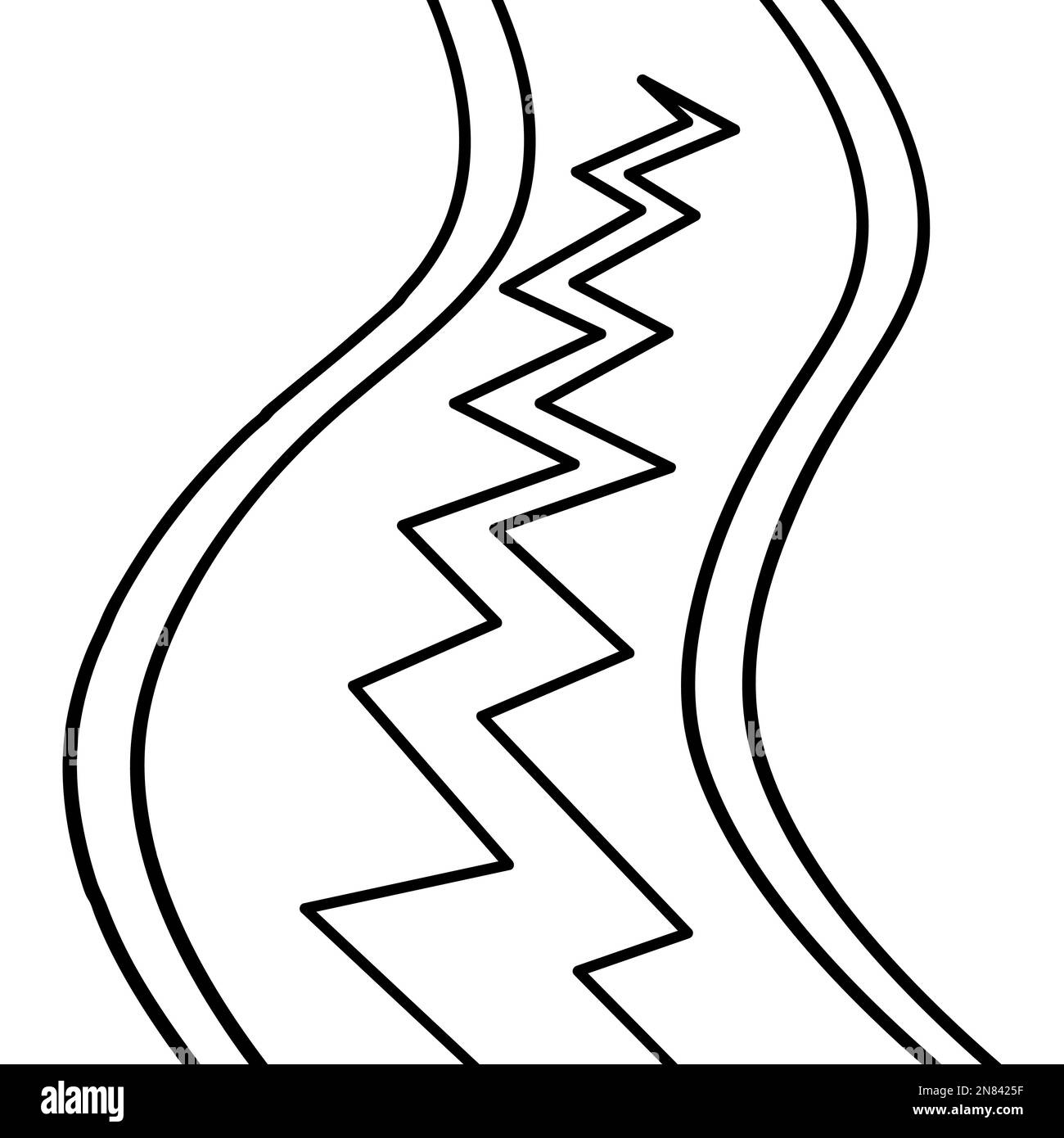 Road and crack. The roadway was damaged by the earthquake. Sketch. A zigzag line on a winding roadbed. Vector illustration. Stock Vector