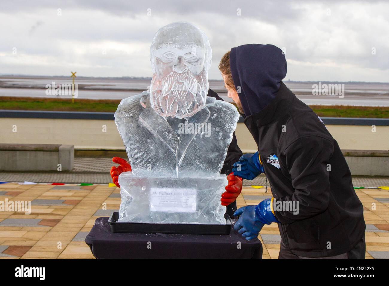 Lytham St. Annes, Lancashire. 11 Feb 2023 Ice sculpting festival. Marvellous ice sculptures at Lytham's lost concrete mussel tanks, Glacial Art Ice Sculptures carved animals, characters and mystical creatures, & portrait of William Porritt out of huge blocks of ice. An event sponsored by the Government Shared Prosperity Fund  Credit; MediaWorldImages/AlamyLiveNews Stock Photo