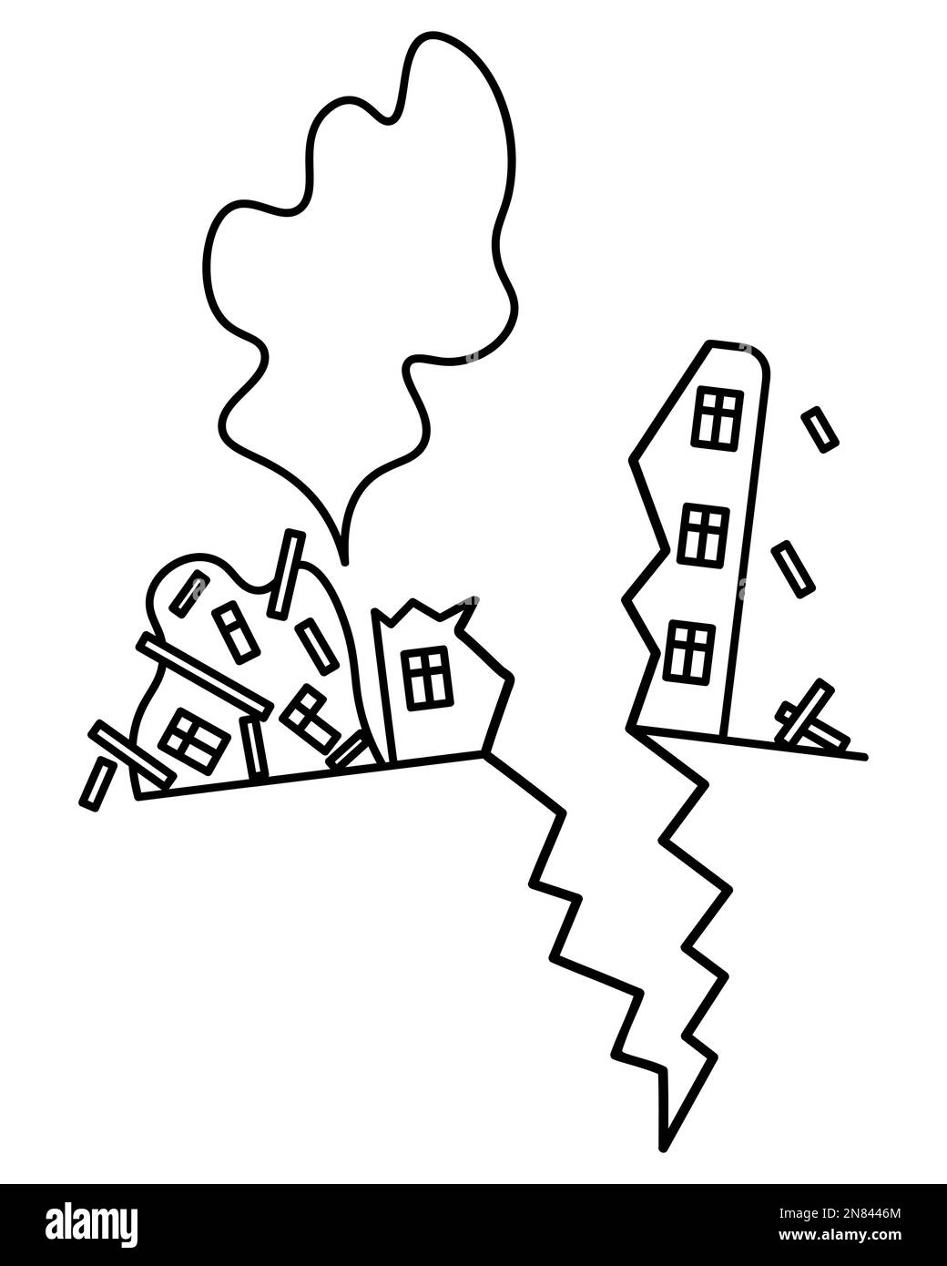 The residential building began to collapse and fall. Sketch. Structures fly in different directions. A column of dust rose. The crack on the building Stock Vector