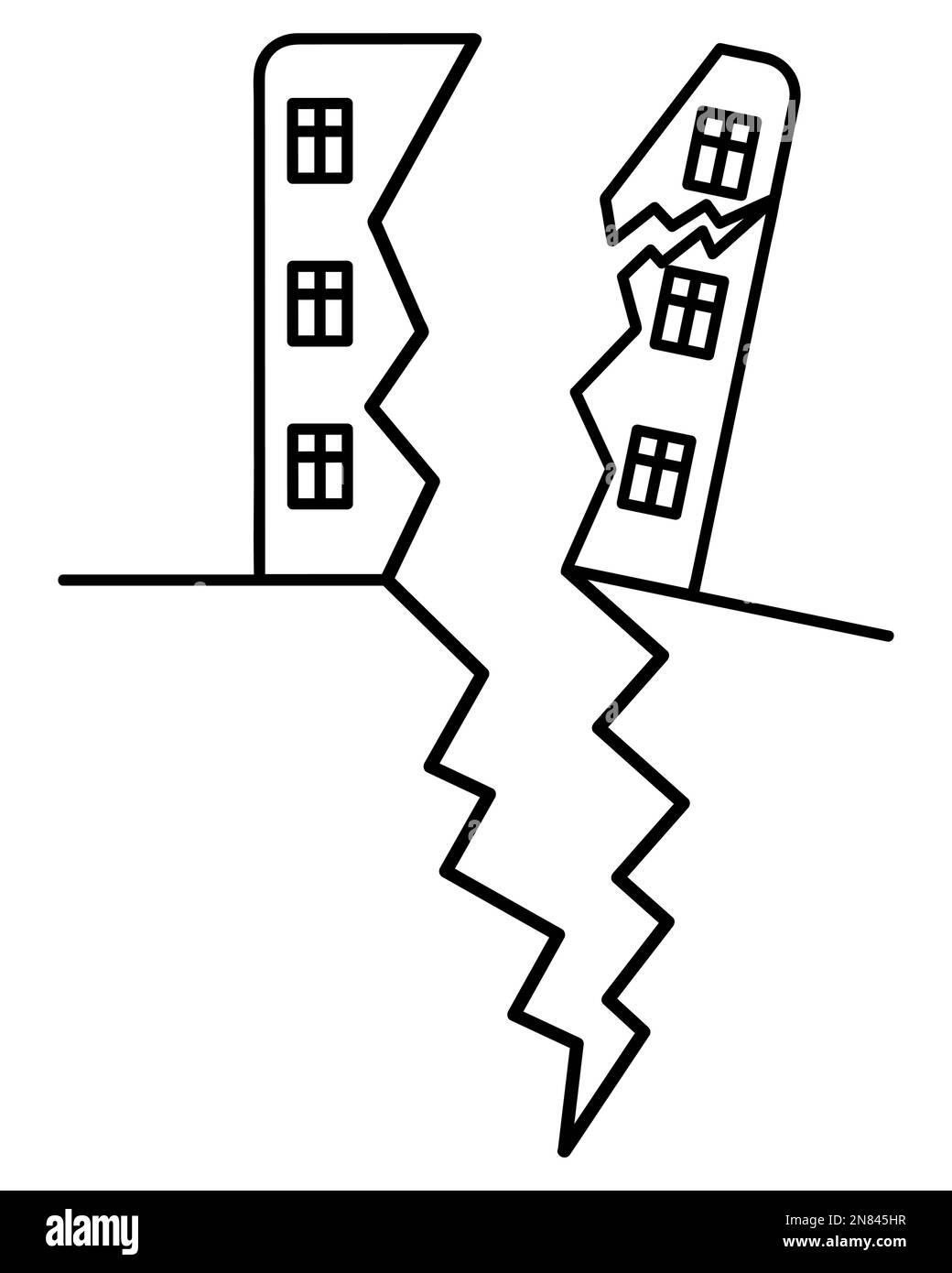 The skyscraper is split into several parts. Part of the house began to collapse and fall. Sketch. There were cracks along the facade due to earthquake Stock Vector