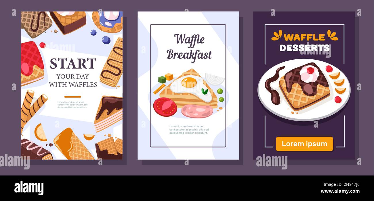 Waffle breakfast flyer. Cafe bakery advertising with delicious belgian
