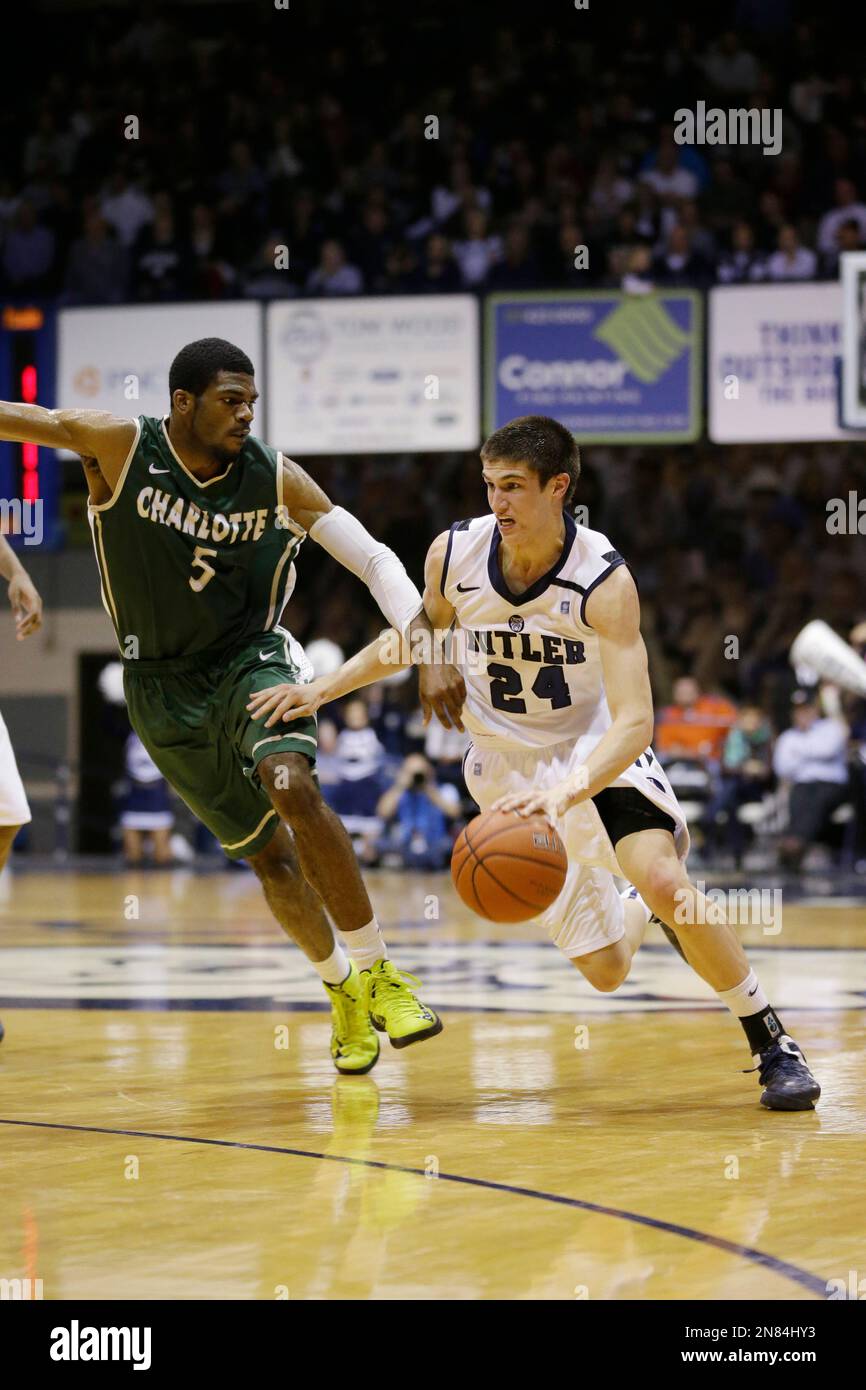Butler guard Kellen Dunham, right, drives on Charlotte guard/forward E