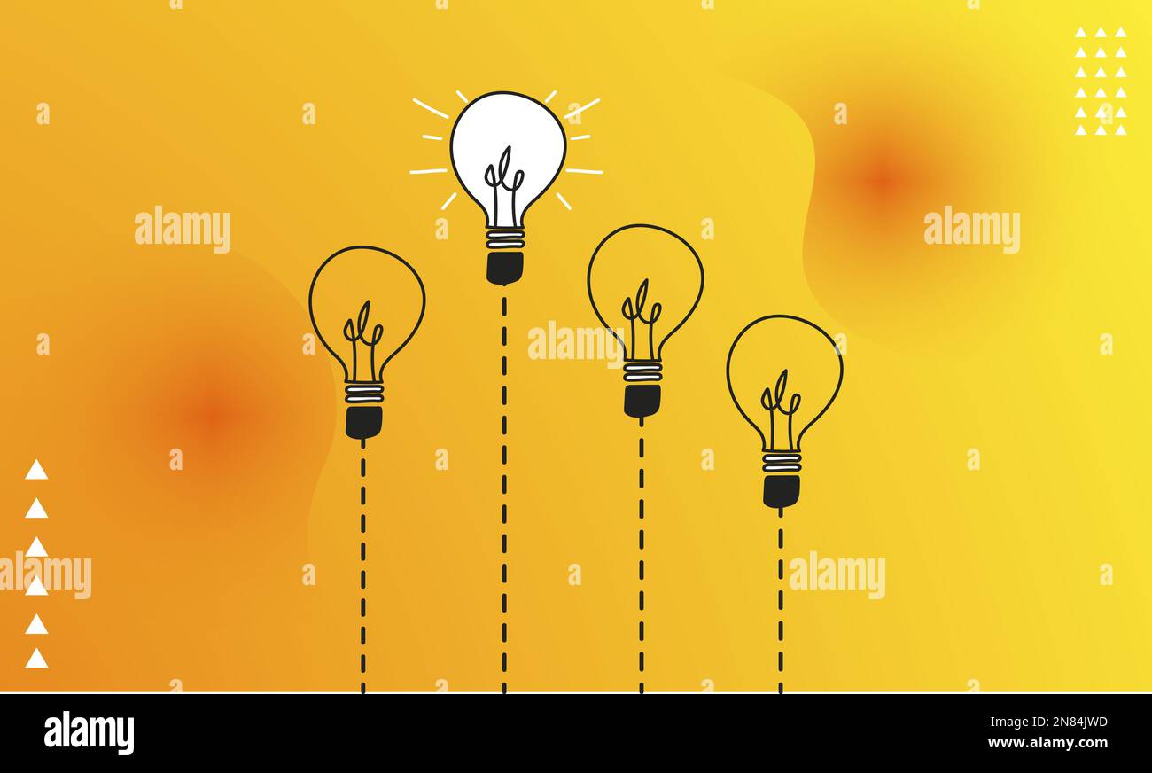 Set of light bulbs and a light bulb stands out. Flat vector with light bulb icons on yellow background. Concept of innovation, creativity and leadersh Stock Vector