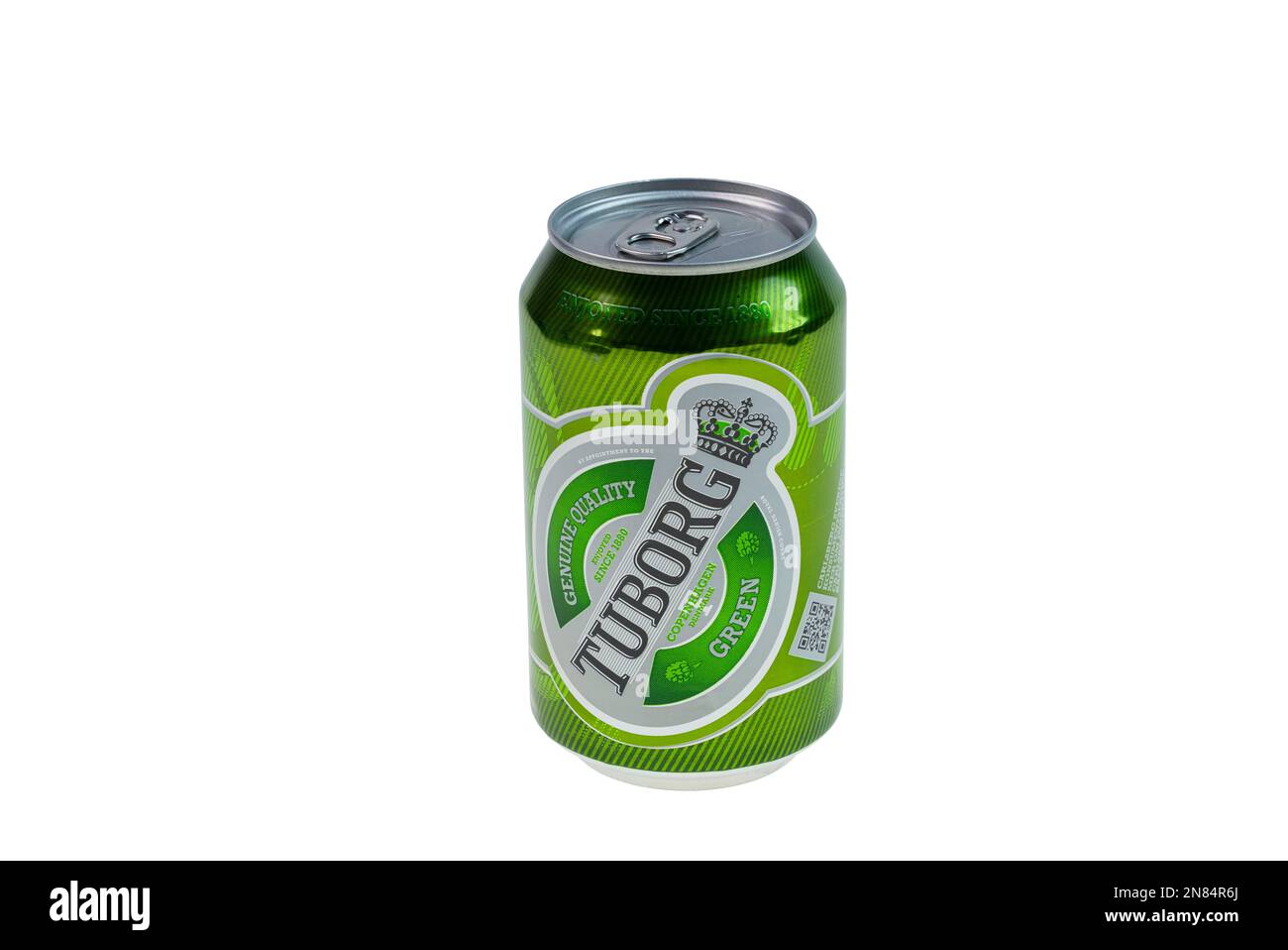 Close up view of can of Denmark beer Tuborg isolated on white background. Sweden. Stock Photo