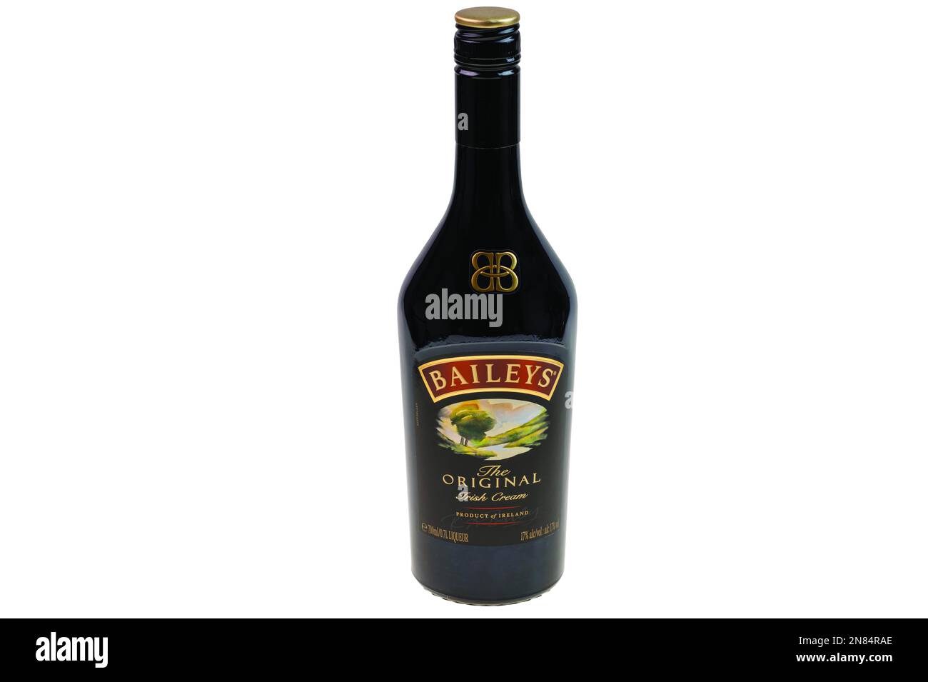 Close up view of Baileys liquor bottle isolated on white background. Sweden. Stock Photo