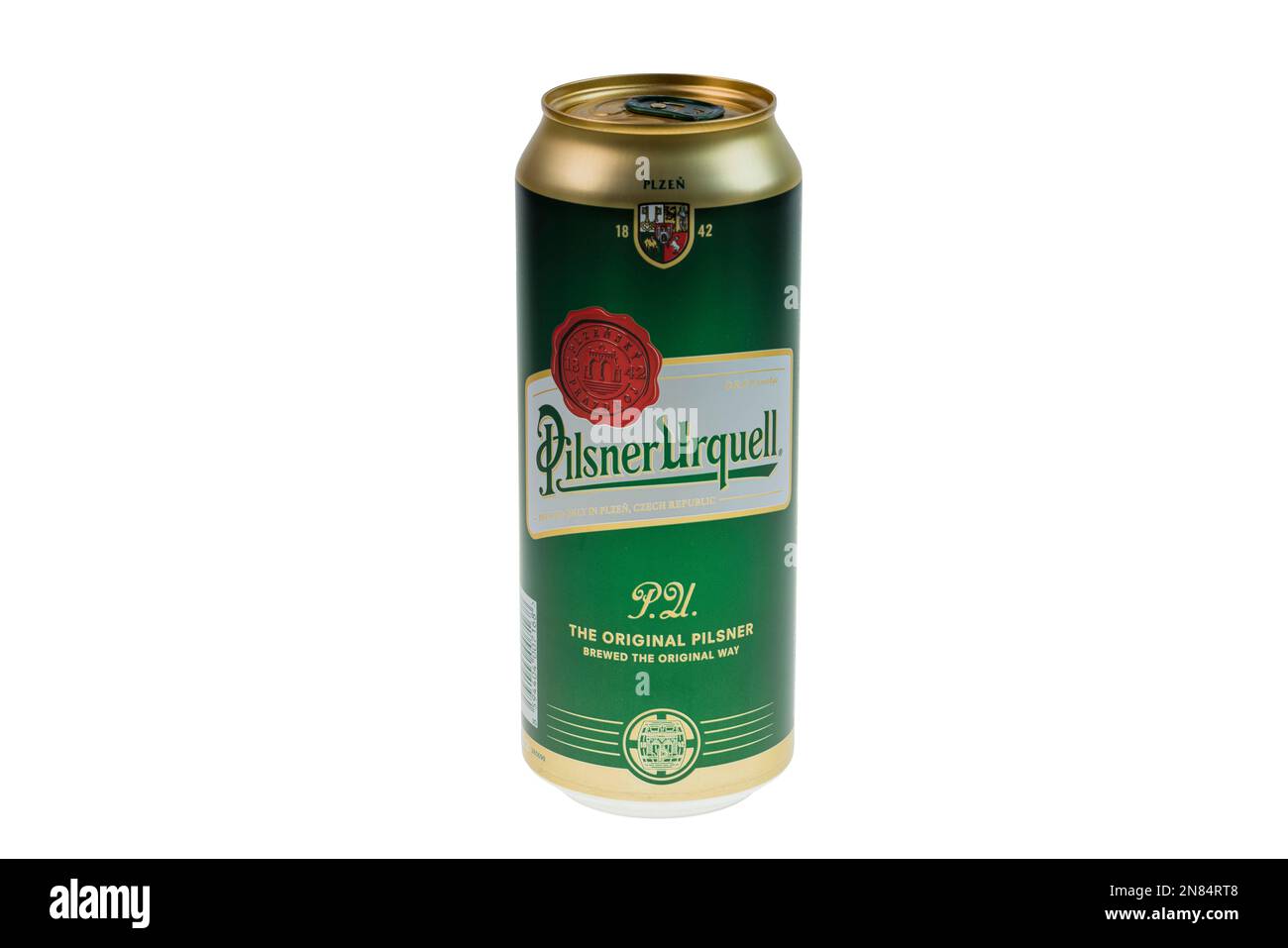 Close up view of can of Czech beer Pilsner Urquell isolated on white background. Sweden. Stock Photo