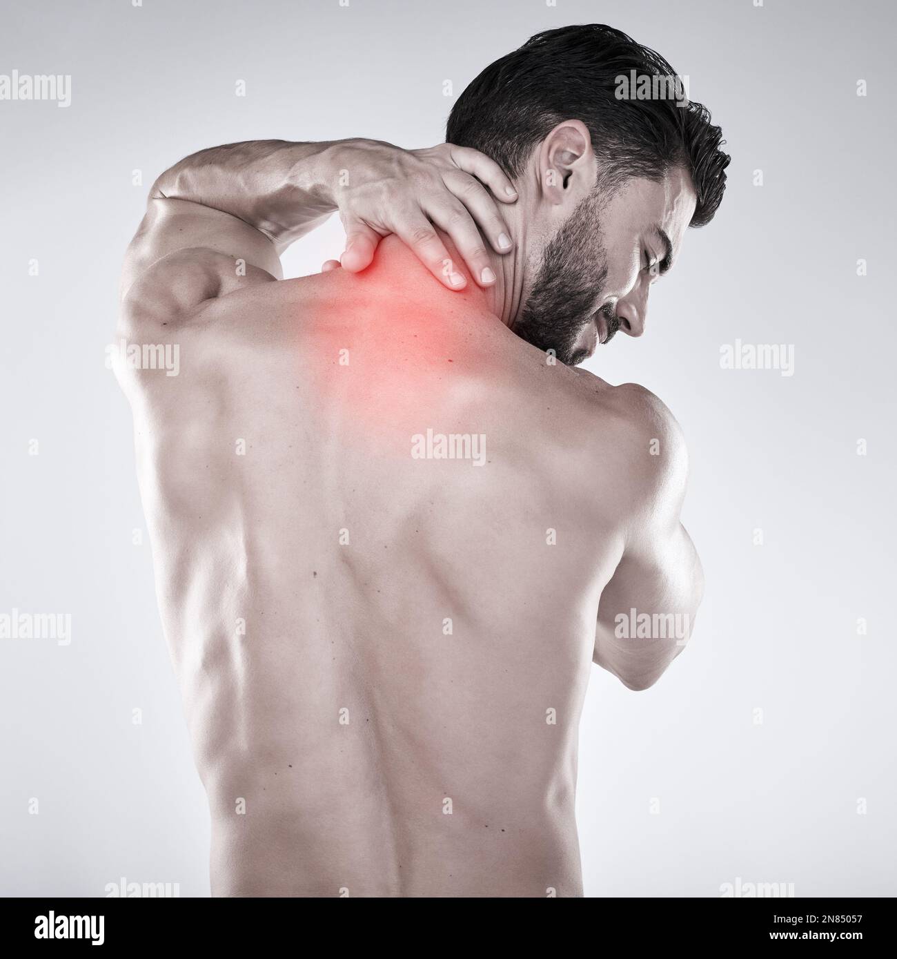 Fitness, hand or sports man with neck pain after exercise, body