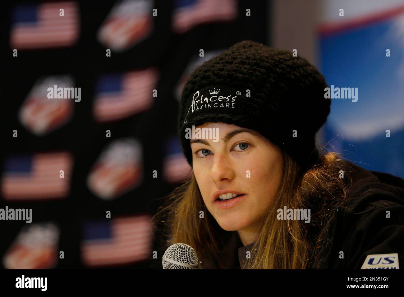 U.S. ski racer Resi Stiegler talks to journalists during a press