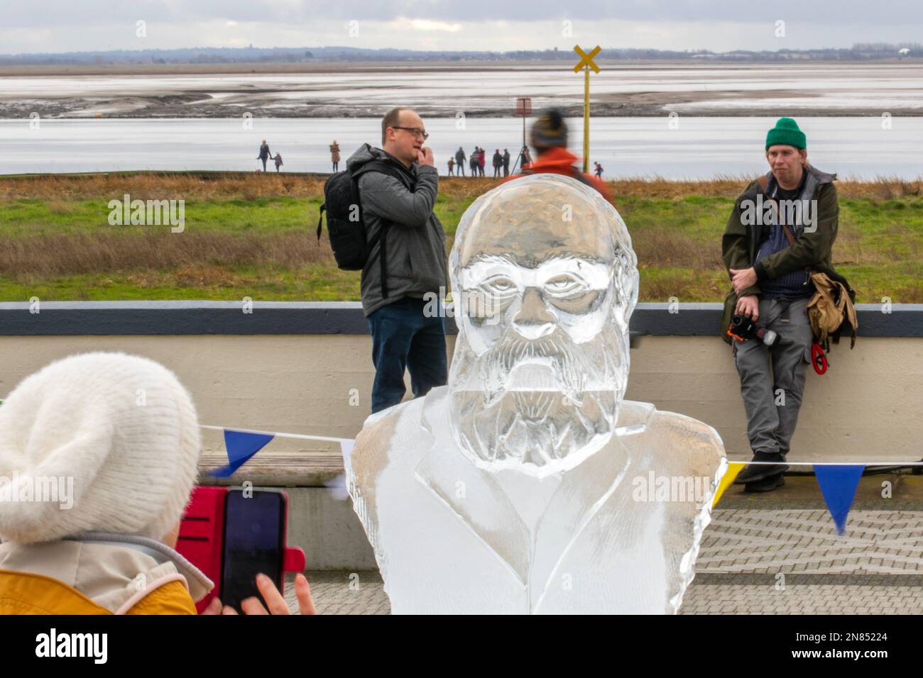 Lytham St. Annes, Lancashire. 11 Feb 2023 Ice sculpting festival. Marvellous ice sculptures at Lytham's lost concrete mussel tanks, Glacial Art Ice Sculptures carve animals, characters and mystical creatures & designs out of huge blocks of ice. Credit; MediaWorldImages/AlamyLiveNews Stock Photo