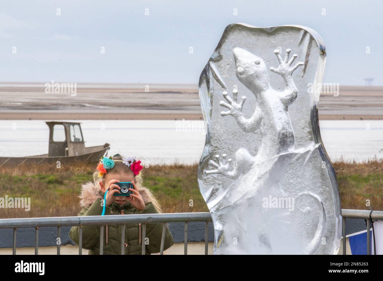 Lytham St. Annes, Lancashire. 11 Feb 2023 Ice sculpting festival. Marvellous ice sculptures at Lytham's lost concrete mussel tanks, Glacial Art Ice Sculptures carve animals, characters and mystical creatures, sand lizards & designs out of huge blocks of ice. Credit; MediaWorldImages/AlamyLiveNews Stock Photo
