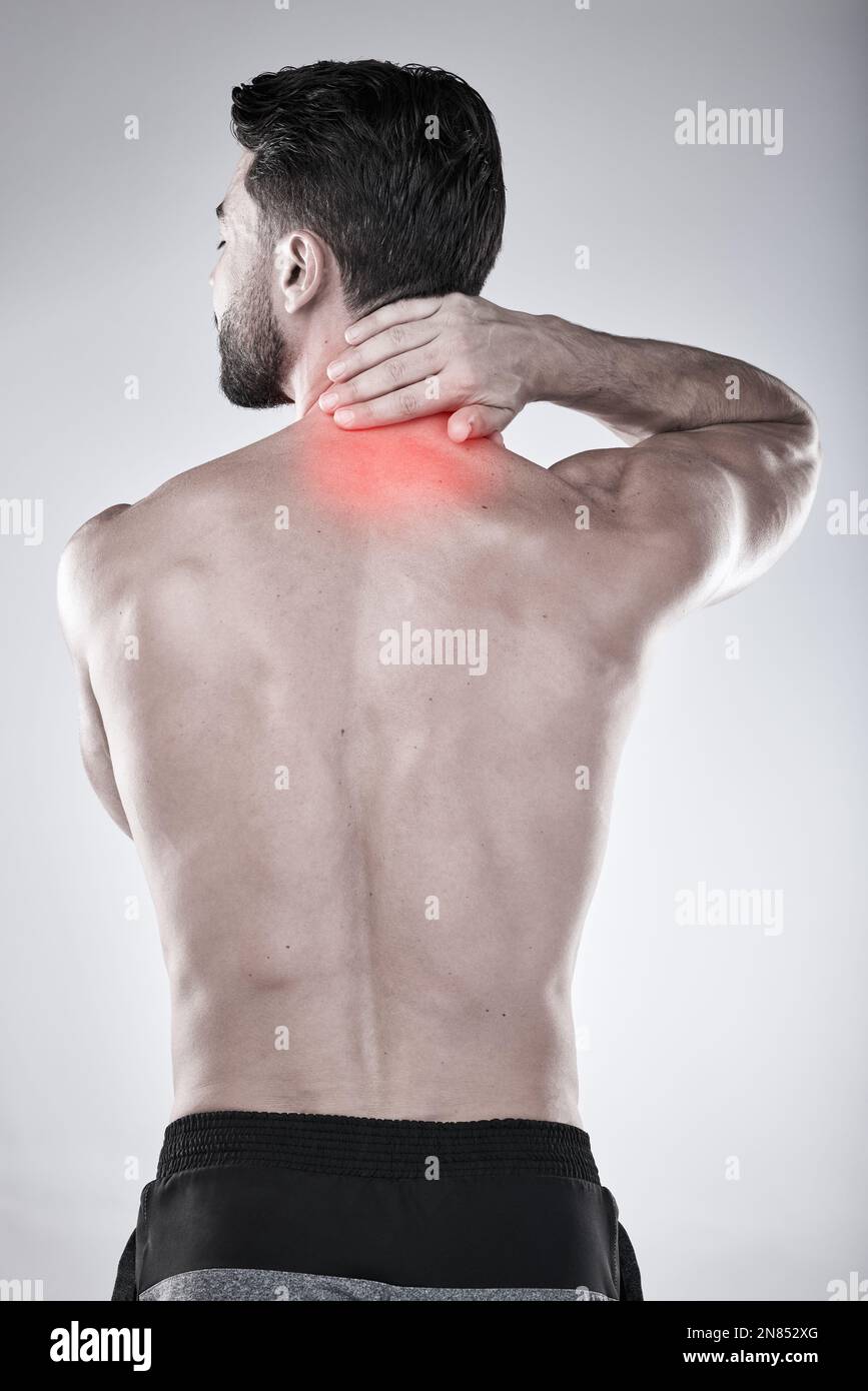 Fitness, hand or sports man with neck pain after exercise, body training injury or gym workout
